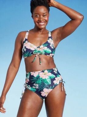 Kona Sol Navy Floral High-Waist Tie-Front Bikini with Pink & Green M/L